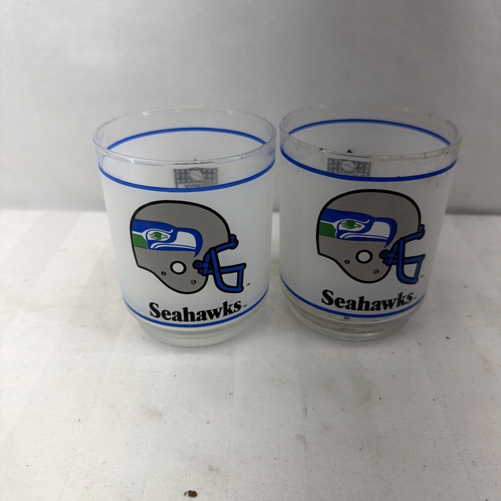 Vtg Seattle Seahawks Mobil NFL Glass tumbler frosted drinking glasses 1980s USA